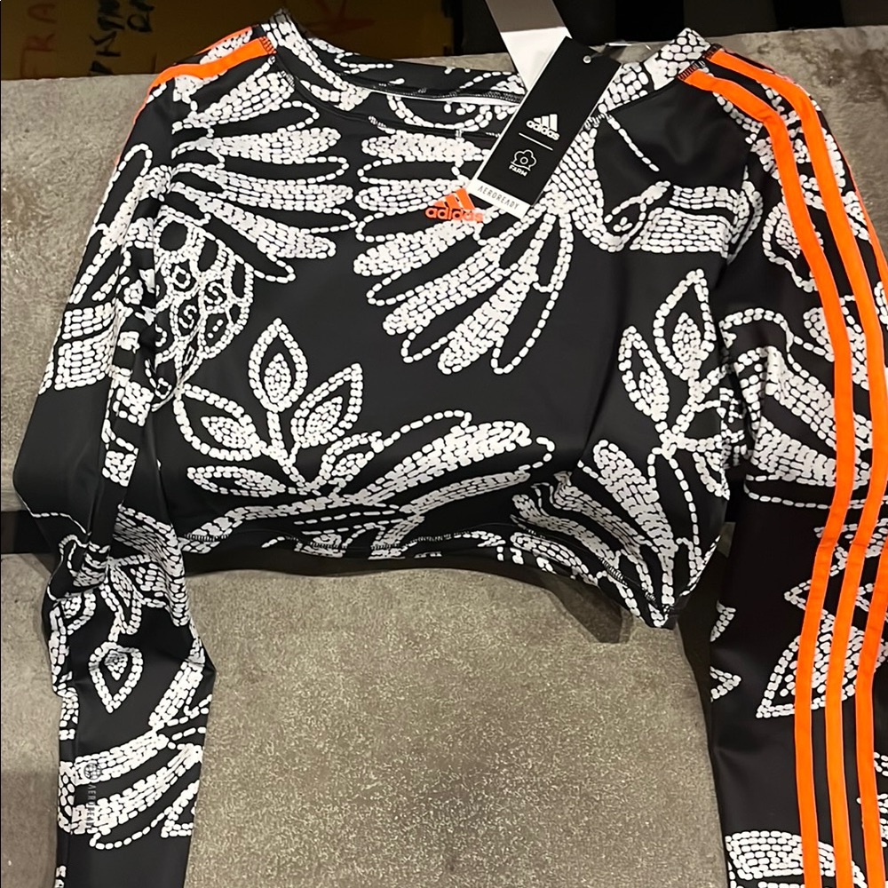 Adidas Black and White Floral Crop Top with Orange Stripes